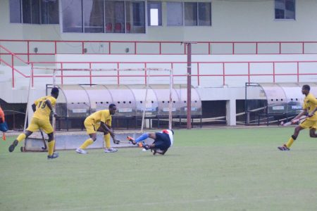 GCC’s Orlando Semple scores against Hikers Cadets in the men’s final of the Bounty One-Day Hockey tournament at the Guyana National Stadium.
