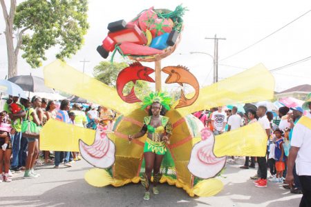 Food galore: A float under the Ministry of Agriculture’s costume band ‘Bountiful Harvest’ during the Annual Mashramani Parade yesterday (Photo by Arian Browne)