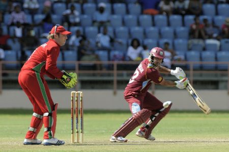 A CUT ABOVE THE REST! Guyana and West Indies middle order batsman Ramnaresh Sarwan cuts on the way to his  century during yesterday’s second ODI against Zimbabwe at Grenada National Stadium, St George’s, Grenada. WICB Media/Randy Brooks Photo