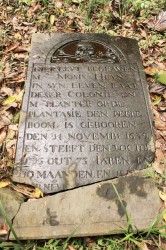 Gravestone at Dubulay (Peereboom in 1763) from the early 18th century. It records the death of a Councillor of Government and Master Planter of Plantation Peereboom, who was born in 1639 (?) and died in 1713. (Arian Browne photo) 