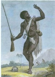 This drawing is of a Suriname armed rebel, but some of the Berbicians may have looked similar (1775) . 