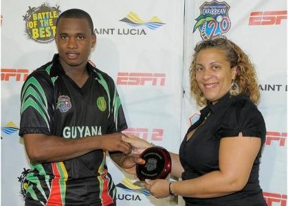 Chris Barnwell receiving a recent man of the match award in St Lucia for the Caribbean T20 (WICB photo)