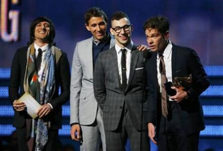 Nate Ruess (C) and Fun accept the Grammy award for song of the year for “We Are Young” at the 55th annual Grammy Awards in Los Angeles, California, February 10, 2013. REUTERS/Mike Blake