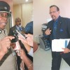 LEFT: Acting Police Commissioner Stephen Williams responds to reporters after his meeting with the Police Service Commission yesterday. Right: Police Service Commission chairman Dr Ramesh Deosaran leaves his office after the statutory meeting of the commission yesterday to which acting Commissioner Stephen Williams was summoned. (Trinidad Guardian photo)