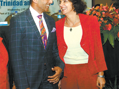 Trade and Industry Minister, Vasant Bharath shares a light moment with Daniela Tramacere, Charge d’Affaires of the European Union Delegation to T&T, following a conference at the Hyatt Regency yesterday. (Trinidad Guardian photo)