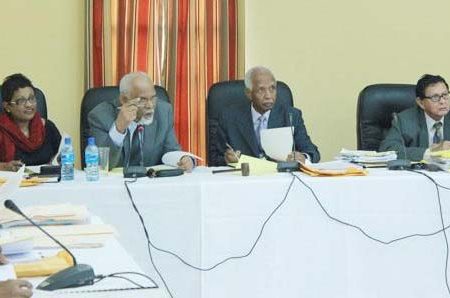 Members of the Linden Commission of Inquiry during a hearing in January (Stabroek News file photo/Arian Browne)