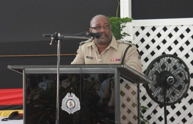 Acting Police Commissioner Leroy Brumell addressing the officers.