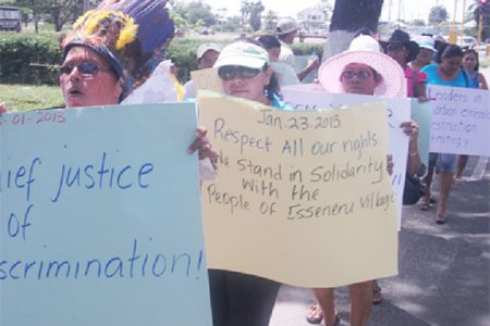 Isseneru villagers during a protest outside the Office of the President on January 25th to voice their dissatisfaction over a recent court ruling that upheld a miner’s right to progress with operations on lands within the village. (Stabroek News file photo)