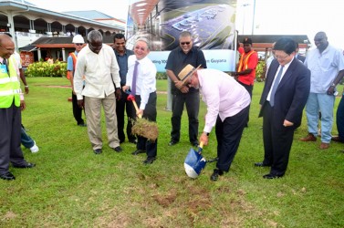  President Donald Ramotar and Chinese Ambassador to Guyana Zhang Limin turn the sod while CJIA Chief Executive Officer Ramesh Ghir, Transport Minister Robeson Benn and others look on (GINA photo) 