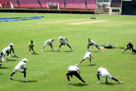  The national cricketers going through their paces yesterday at the Providence National Stadium.
