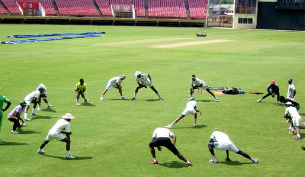  The national cricketers going through their paces yesterday at the Providence National Stadium.
