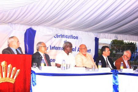From R-L Communications Consultant Kit Nascimento, OIA board Chairman Michael Correia, President Donald Ramotar, Minister of Transport Robeson Benn, CEO of LIAT Ian Burton and Private Sector Commission Chairman Ronald Webster. 