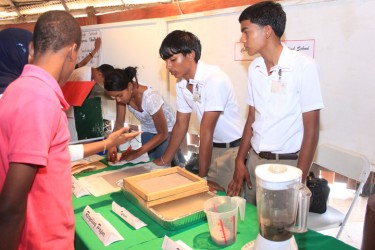 Students of the Corentyne Comprehensive School giving a demonstration on their project ‘Paper recycling’