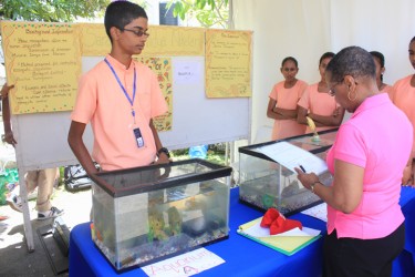 A judge evaluating the students of the Saraswati Vidya Niketan School on their project ‘Eradication of mosquitoes using Bacillus Thuringiensis’ 