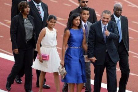 President Anthony TA Carmona, with wife Reema Carmona, and children Anura and Christian, as they arrived this afternoon at the Hasley Crawford Stadium,. Port of Spain, for his inauguration. (Trinidad Express photo)