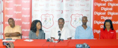 From left, Digicel’s Gavin Hope, Jacqueline James, GFF’s Franklin Wilson and Lyndon France and Digicel’s Shonette Moore at yesterday’s press conference. 
