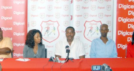 From left, Digicel’s Gavin Hope, Jacqueline James, GFF’s Franklin Wilson and Lyndon France and Digicel’s Shonette Moore at yesterday’s press conference.