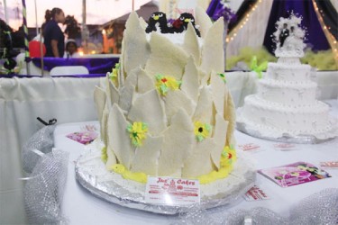 A Cassava bread wedding cake, made by Jus’ Cakes  