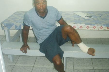 Wilton Tafares says his foot was injured when he was beaten by a policeman at Imbamadai