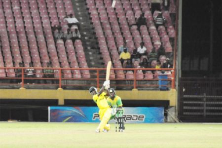 Nikita Miller hits a six off the last ball of the match to send Guyana crashing out of the limited overs competition. (Orlando Charles photo)
