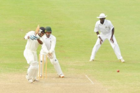 Guyana’s Leon Johnson, above played a fighting innings of 70 in an effort to stave off defeat but defending champs Jamaica still managed to secure an outright win in three days at the Providence National Stadium yesterday in the four-day regional encounter. (Orlando Charles photo)