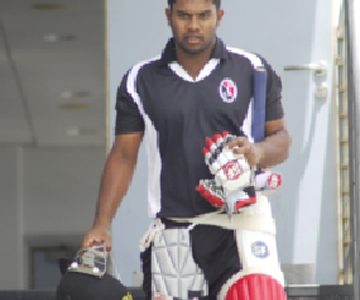 Trinidad and Tobago opener Adrian Barath during a net session at Kensington Oval yesterday. (Photo courtesy WICB)