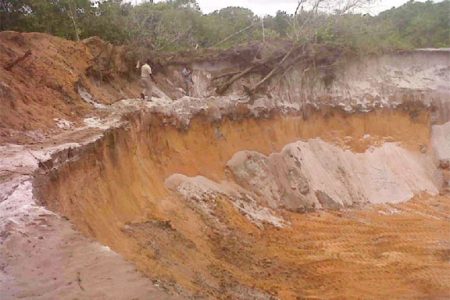 The Moblissa laterite pit that was constructed by Bai Shan Lin Forest Development Inc despite efforts by the Guyana Geology and Mines Commission (GGMC) to stop the operation