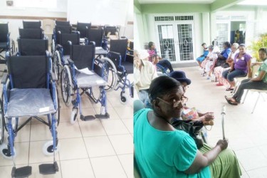 In this composite photo are some of the wheelchairs that were being distributed to persons at the church yesterday and several persons waiting to be fitted for new wheelchairs. 