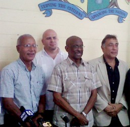 From left:  Former acting city engineer Bert Carter, Ihosvany De Oca Morales, Mayor Hamilton Green and Nigel Renwick, at the press conference that was held to welcome Morales and Renwick.