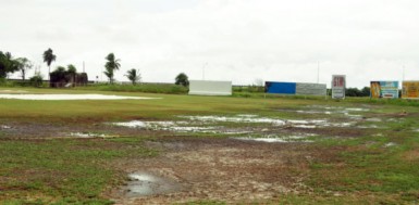 The state of the Everest Cricket Club ground yesterday following heavy rainfall yesterday morning. (Orlando Charles photo) 