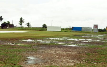 The state of the Everest Cricket Club ground yesterday following heavy rainfall yesterday morning. (Orlando Charles photo)