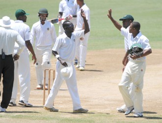 Jamaicans celebrate the dismissal of the final CCC wicket. (Photo courtesy of WICB media)