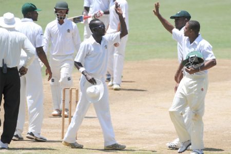Jamaicans celebrate the dismissal of the final CCC wicket. (Photo courtesy of WICB media)
