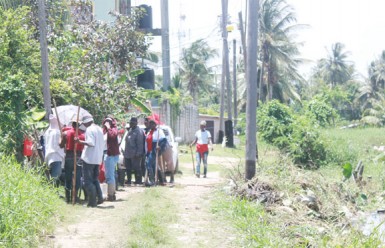 Workers taking a break from cleaning the Liliendaal canal 