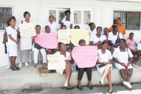 Nurses from the West Demerara Regional Hospital on the first day of a sit-in yesterday as they await a response from the regional authorities on the issues they want addressed
