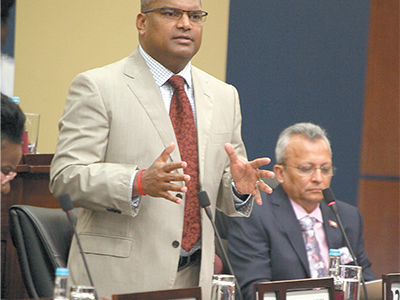Attorney General Anand Ramlogan speak during debate on the Defence Bill during the sitting of the Senate yesterday. 