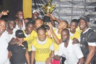 Silver Bullets in a celebratory mood after winning the Linden edition of the Guinness Greatest of the Streets Football Competition (Photo by Orlando Charles) 