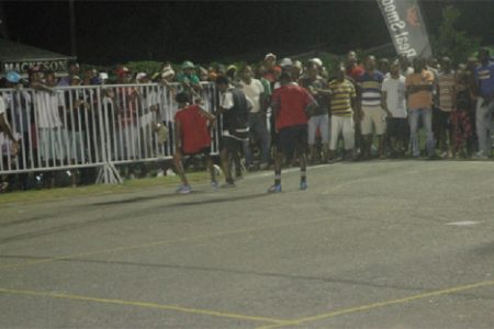 Action during Wednesday night’s third annual Mackeson ‘Keep Your Five Alive’ knockout football competition at California Square, East Ruimveldt.
