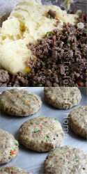 Top: Mashed cassava & cooked mince. Bottom: Prepped cassava-mince patty (Photo by Cynthia Nelson) 