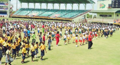 Participants going through their paces at yesterday’s  World Challenge Day event at the National Stadium at Providence. 