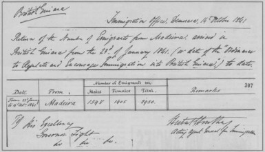 Immigration Office return for the number of Portuguese landed between January 23rd and October 14th, 1841. 