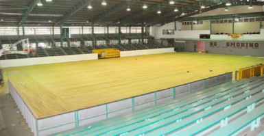  TAKING SHAPE! The new floor of the Cliff Anderson Sports Hall.