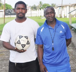 Head Coach Orville Bobb (right) and his assistant Kelvin Roberts at the Wales Community Centre ground, West Bank Demerara