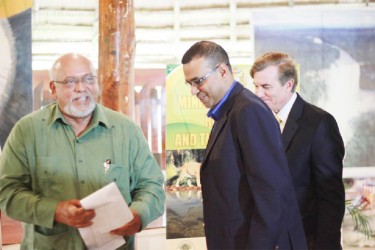From left are President Donald Ramotar, Minister of the Environment, Robert Persaud and US Ambassador Brent Hardt. 