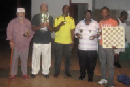 Respective winners of the Trophy Stall-sponsored National Draughts competition.