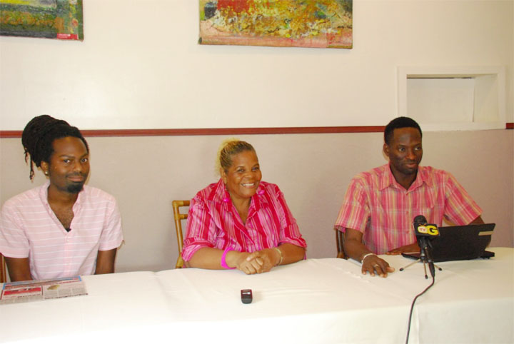 Left to Right: Guyanese artiste, Nhojj, SASOD Co-Chairs, Namela Baynes-Rowe and Joel Simpson. (SASOD photo)