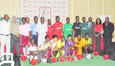 Officials and participants from the competing schools at the launch of the third annual Digicel U-18 schools football tournament  yesterday.