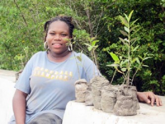 Theola Fortune with a handful of the mangrove seedlings she is currently nursing before they are planted along the Victoria seawall