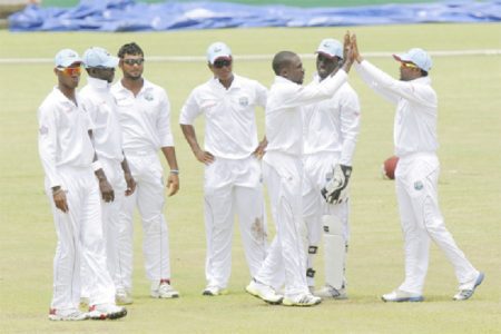 The West Indies `A’ team celebrate the dismissal of Sri Lanka A team player Tharindu Kaushal. (Photo courtesy of WICB media)