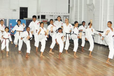 The Guyana Karate College team preparing for the upcoming Caribbean Karate Championships in Barbados.
